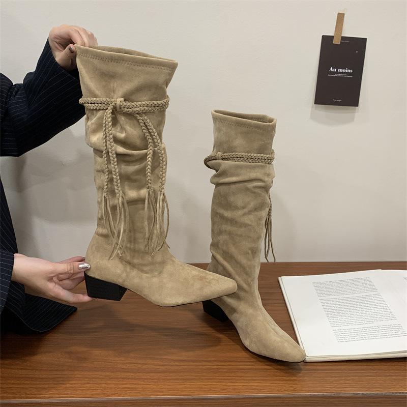 

Ретро бахромчатые рыцарские сапоги женские остроносые на толстом каблуке сапоги-чулки из матовой замши, но сапоги до колена 39 хаки