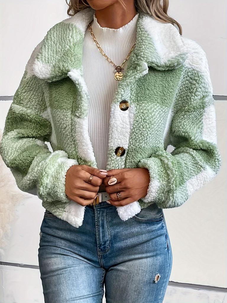 Plaid Pattern Button Front Teddy Coat All-match Long-sleeved Winter Warm Jacket Women's Clothing