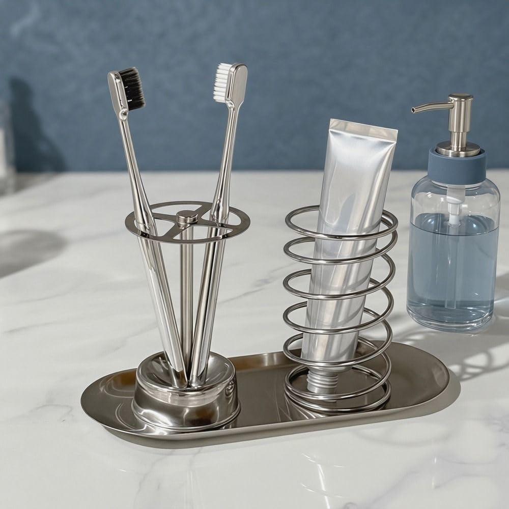 1Pcs Stainless Steel Toothbrush Toothpaste Holder Wall Mounted Bathroom Storage Rack Organizer Cup No Drill for Countertop Home