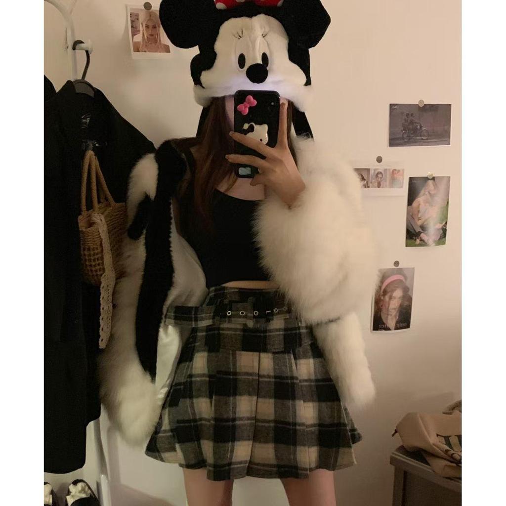 Plus Size Plaid Wool A-Line Belted Skirt - Autumn/Winter, Red, High Waist, Petite Short Skirt for 200 Jin