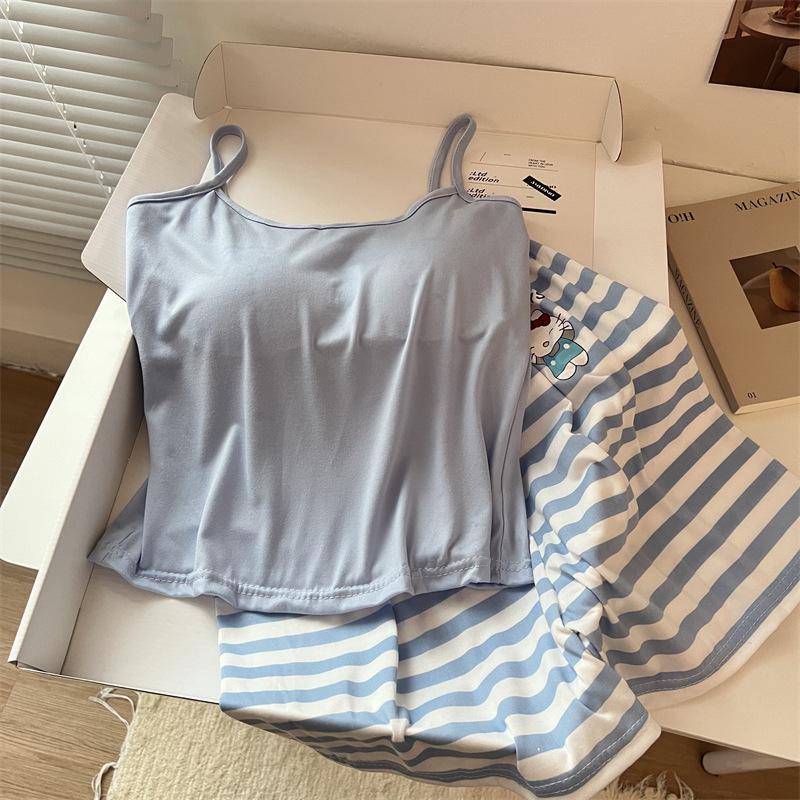 Cute Korean Style Women's Short-Sleeved Camisole Pajama Set with Chest Pads, Imitation Cotton