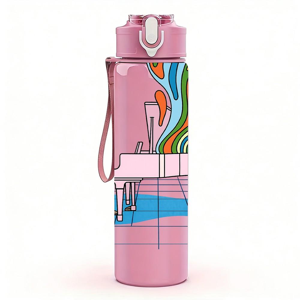 1PC Desk With Tropical Plant Scene Print 750ml Color Plastic Sports Water Bottle Leakproof Flip Straw Lid Suitable for Sports Office Home Use