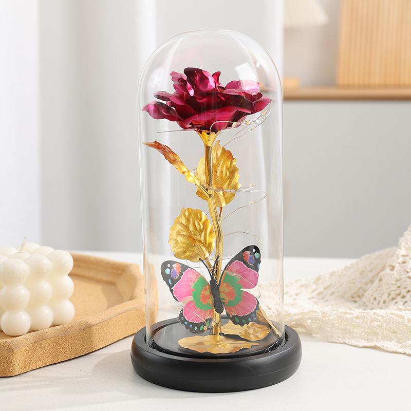 Ornamento de Luz Cúpula de Vidro Flor Rosa Folha de Ouro Feito à Mão - Caixa de Presente Dia dos Namorados