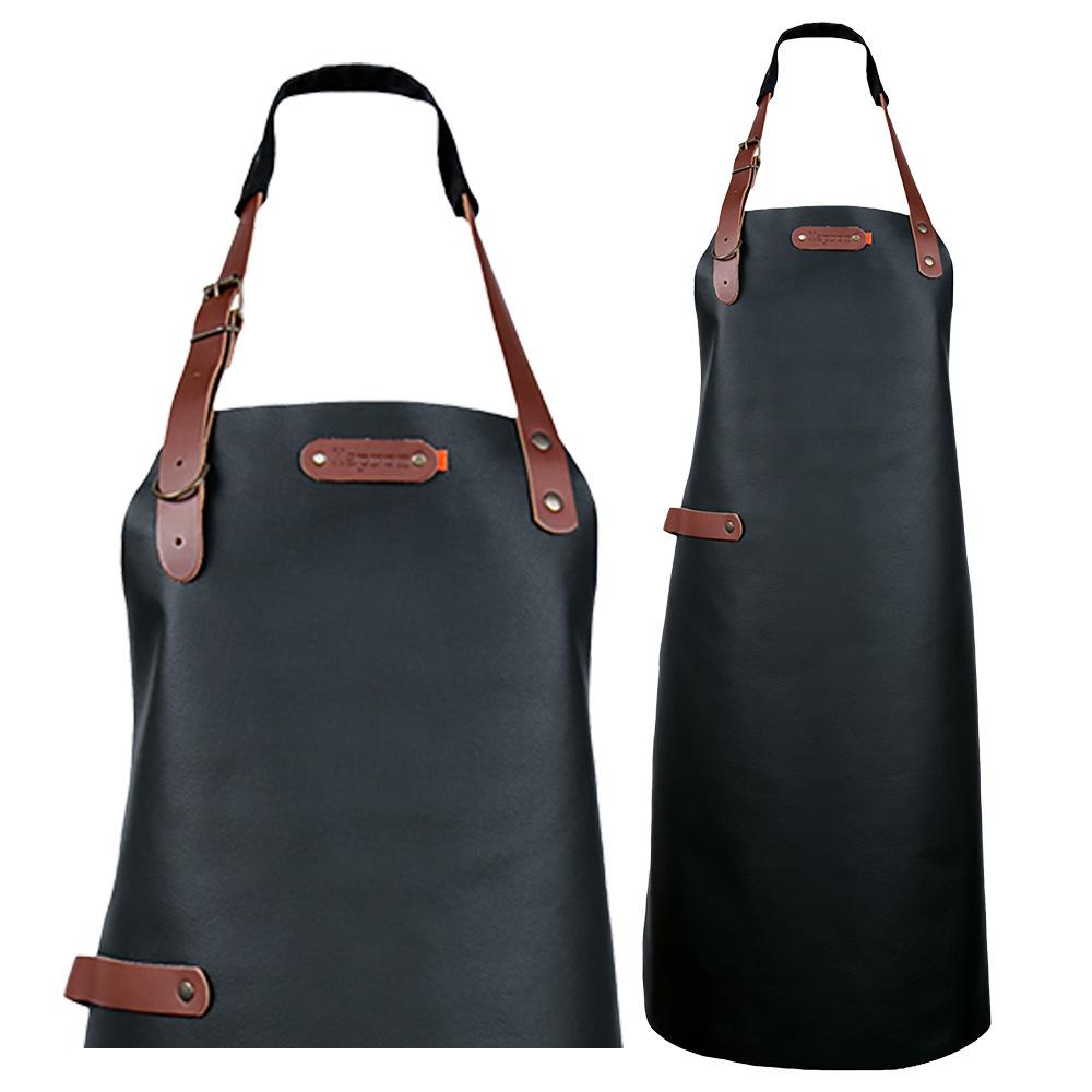 Waterproof PU Leather Hanging Neck Apron - Oil-Proof BBQ & Barista Style