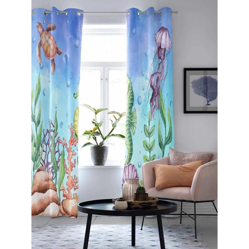 Ocean Jellyfish Seahorse Coral Watercolor Window Curtains for Living Room Bedroom Curtain Modern Kitchen Blinds Drapes Curtains