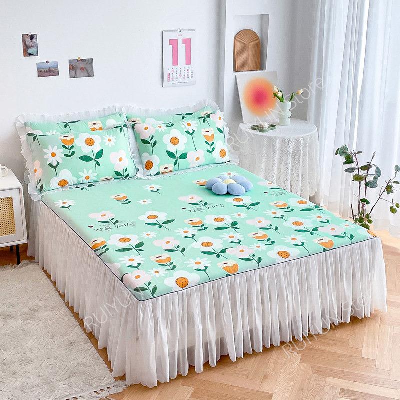 Decorative Lace Ruffled Bed Skirt Non-slip Mattress Cover Princess Printed Bed Skirt Bedsheet Bed Cover Home Bedspread Bed Skirt