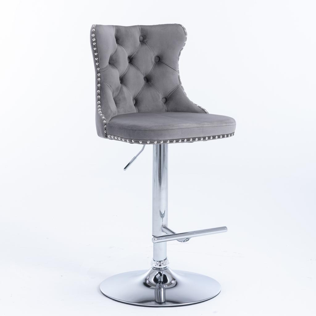 Swivel Velvet Barstools Adjustable Seat Height from 25-33 Inch, Chrome base Bar Stools with Backs Comfortable Tufted, Set of 2,DE1712GY,Gray