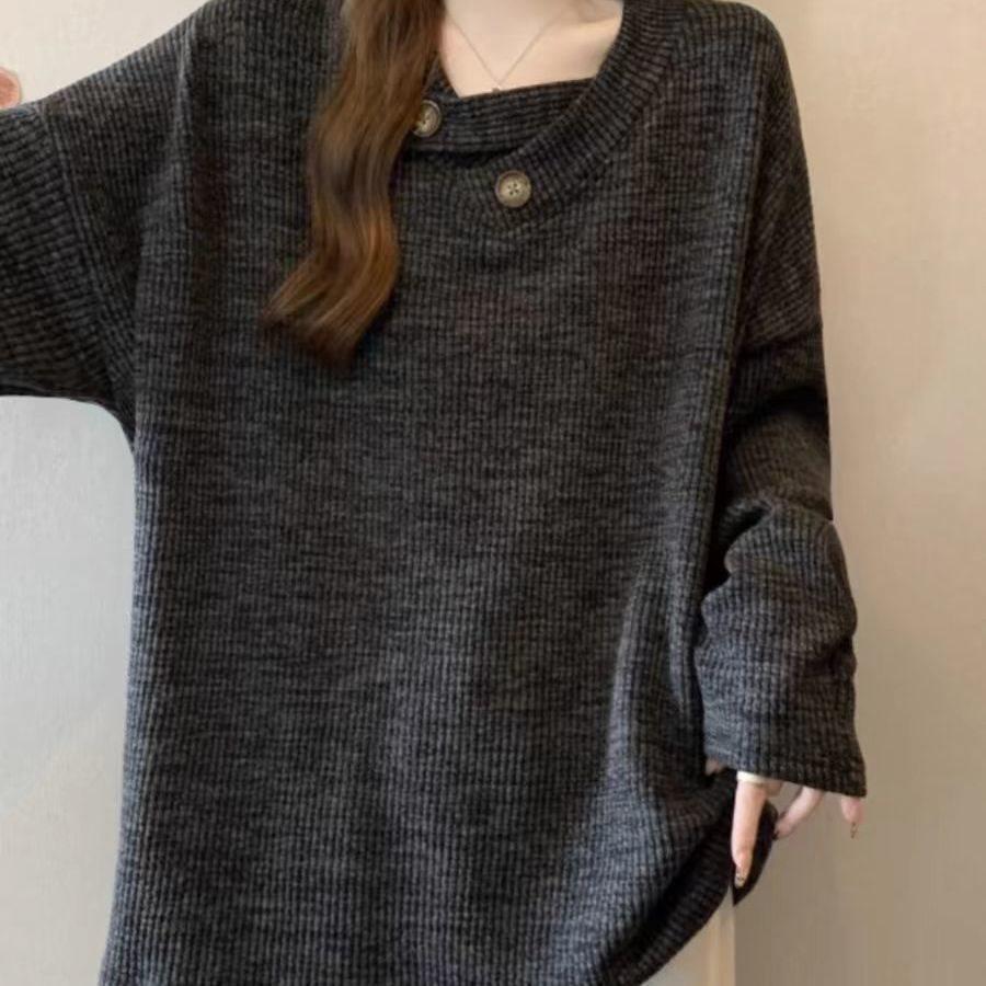 

2025 Plus Size Collared Long Sleeve Top: Slimming Button-Up Shirt for Women - Autumn/Winter Style M (Approx. 80-100 lbs) светло-серый