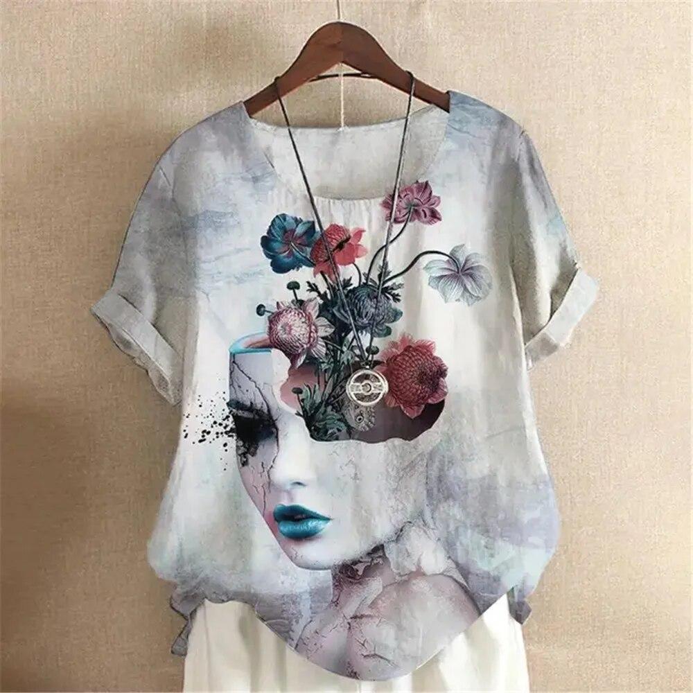

Жіноча футболка Y2k Святковий одяг для дівчат Модний принт Квітковий людське обличчя Футболка Топи Harajuku Літня коротка футболка Вільні сорочки XS
