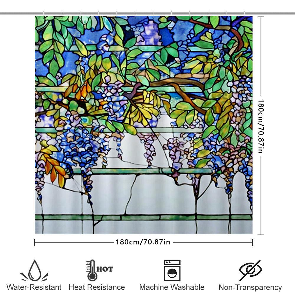 Stained Glass Shower Curtain Colorful Floral Pattern For Bathroom Decoration, Waterproof Fabric Material, Custom Size Available