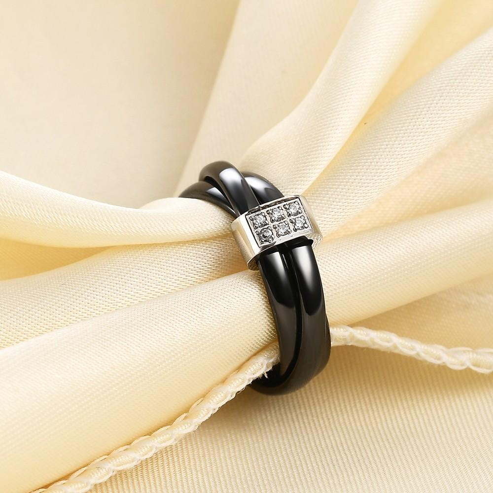 8MM Double Row Diamond-set Black and White Ceramic Three-ring Cross-diamond-set Ring for Couples