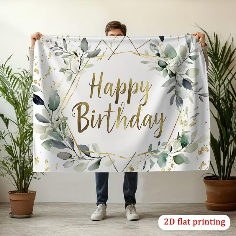 2D Eucalyptus Gold Birthday Backdrop, Elegant Birthday Party Photography Background