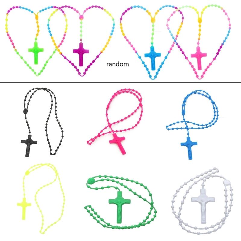 Fashion Rosary Beads Cross Pendant Necklace Women Link Chain Plastic Material Necklace Girl Religious Jewelry Party Gift