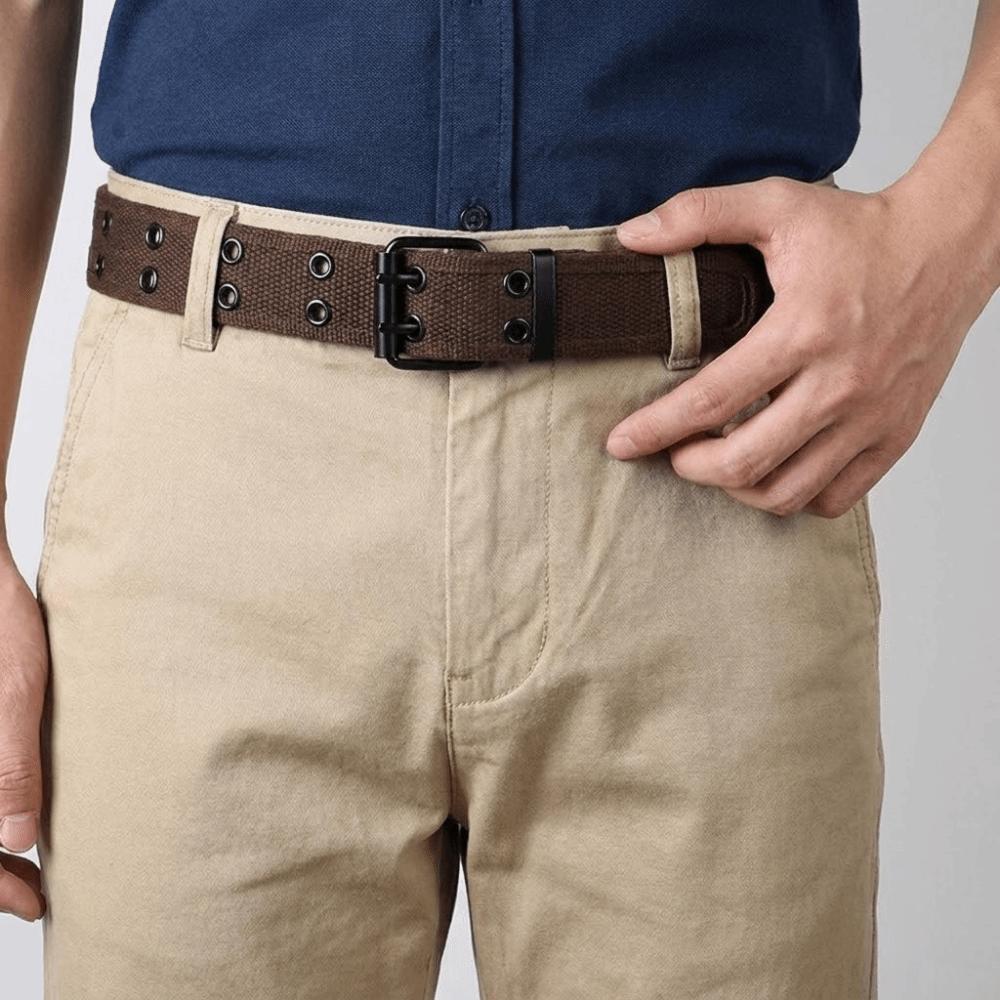 Double Row Canvas Waist Belt Metal Buckle Woven Belts Double Row Buckle Belt Leisure Wear