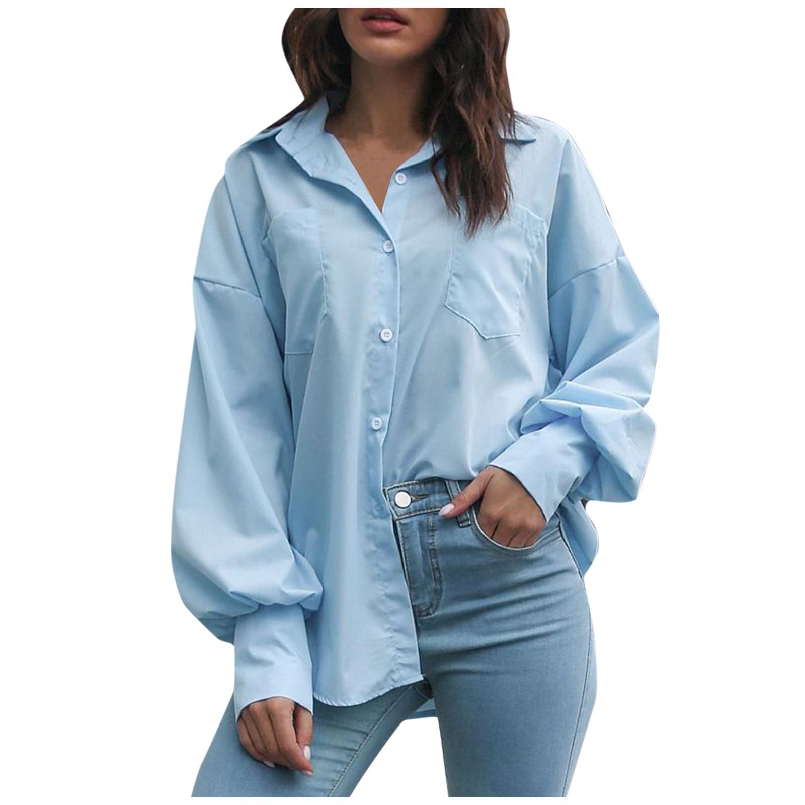 Женская свободная однотонная рубашка с длинным рукавом и лацканами — фото 5