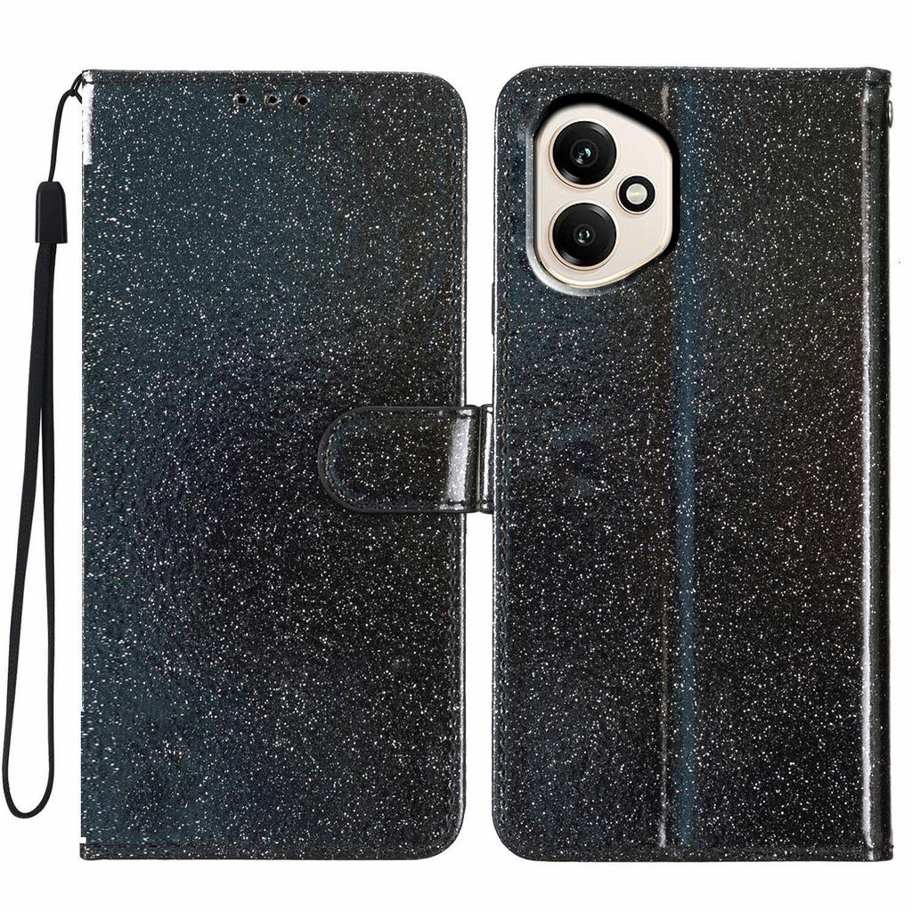 Für Honor 400 5G (Global) Glitzernde Kratzfeste Leder-Ständer-Handyhülle mit Riemen