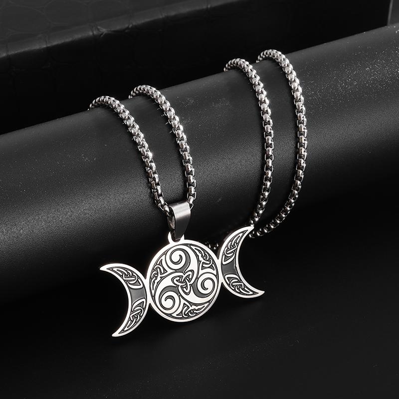 Stainless Steel Witch Triple Moon Protection Spiral Pendant Necklace for Men Women Pagan Trinity Celtic Knot Necklace Jewelry