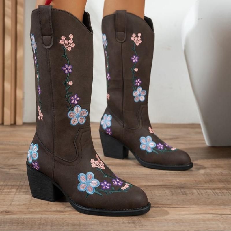 

Fashion Embroidered Flowers Women s Knight Boots Vintage Thigh Boots High Heel 43