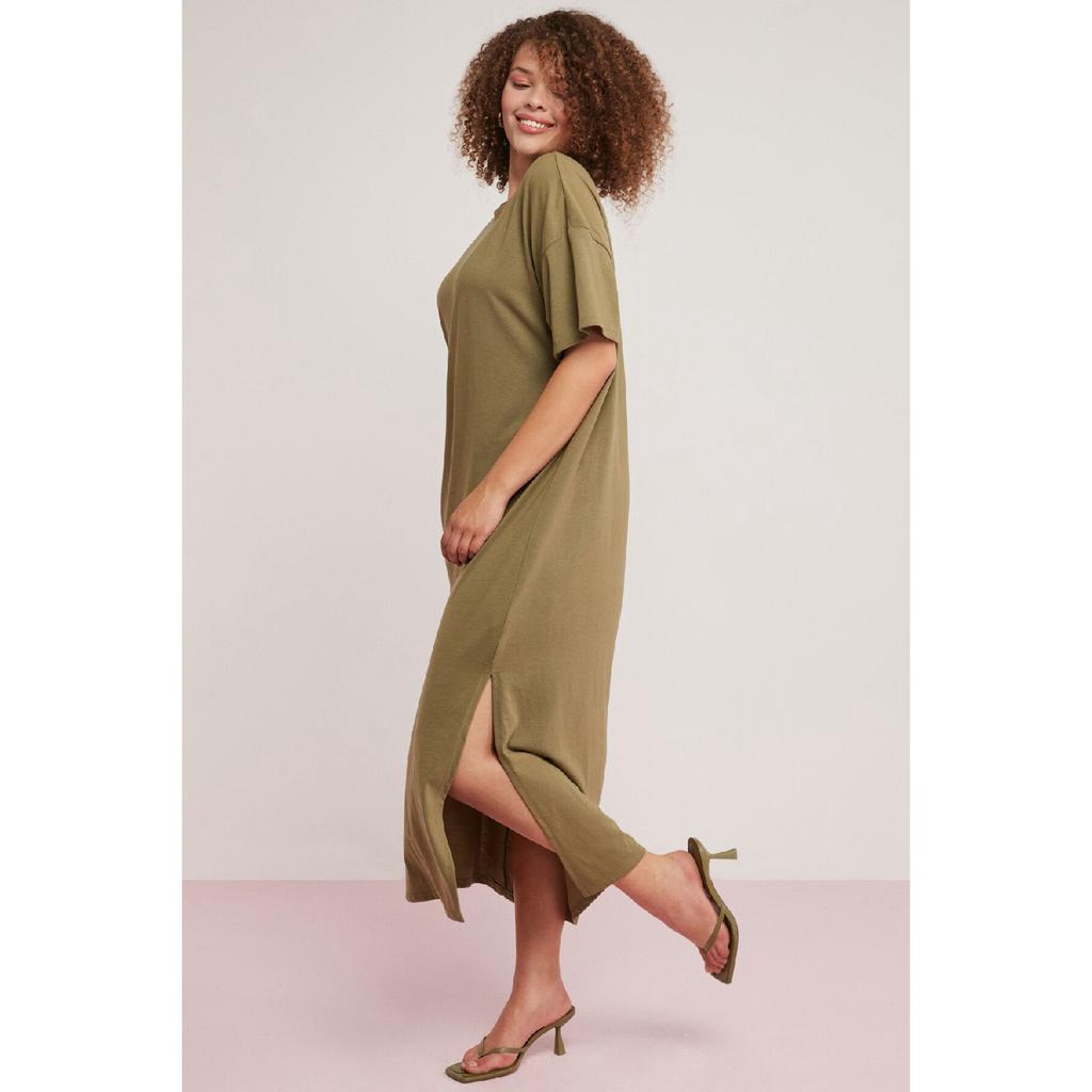 Morganne Woman 100% Cotton Draped Bat Sleeve Slit Comfort Fit Khaki Big Size Dress