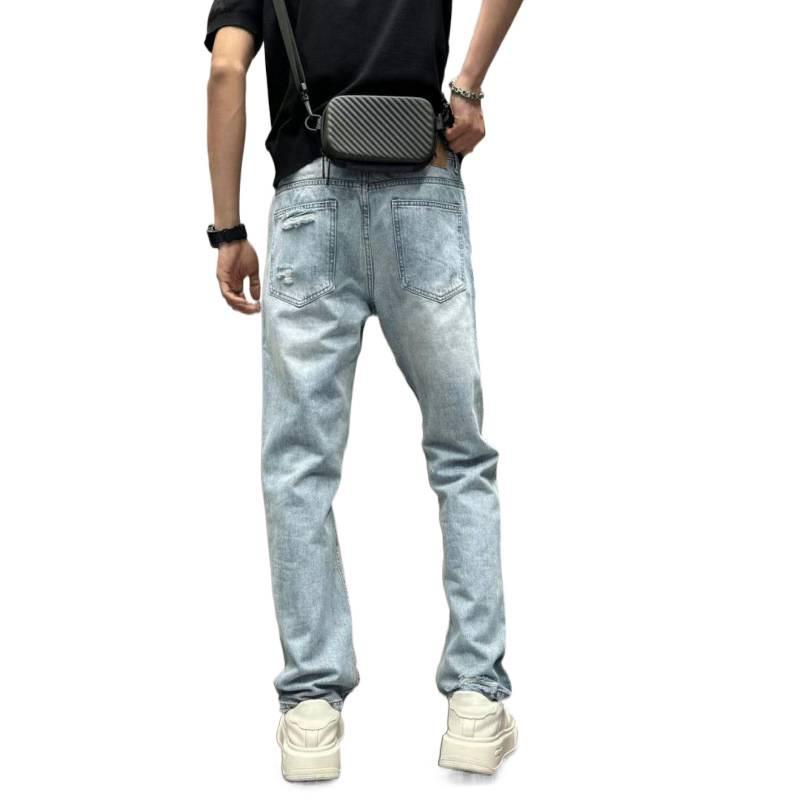 Summer thin American high street ripped beggar jeans men loose straight casual ruffian handsome retro long pants men