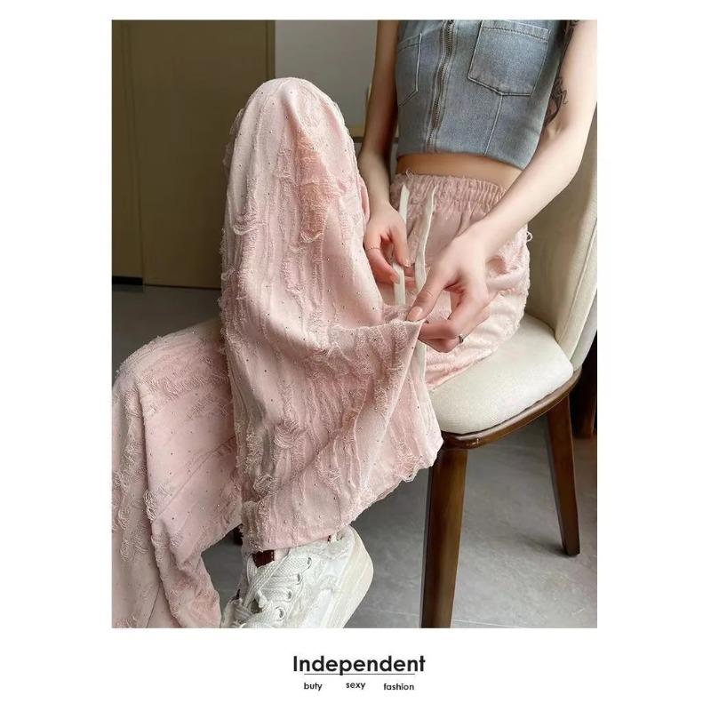 Y2k Streetwear Diamonds Wide-legged Pants Grunge Hole Women Clothing High Waisted Baggy Straight Pants Design Chic Trouser