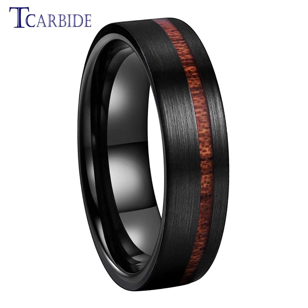 6MM 8MM Black Wedding Band For Men And Women Offset Groove With Real Wood Inlay Trendy Gift Jewelry Comfort Fit