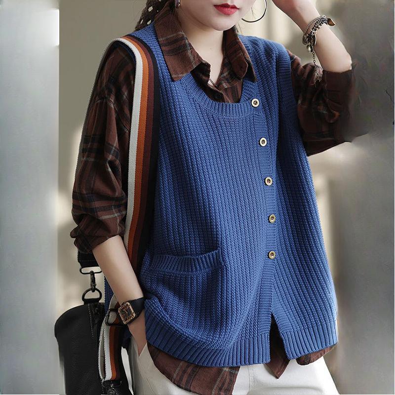 Women's Knitted Vest with Asymmetric Hem Retro Artistic Loose Versatile Casual Gilet Top Cardigan