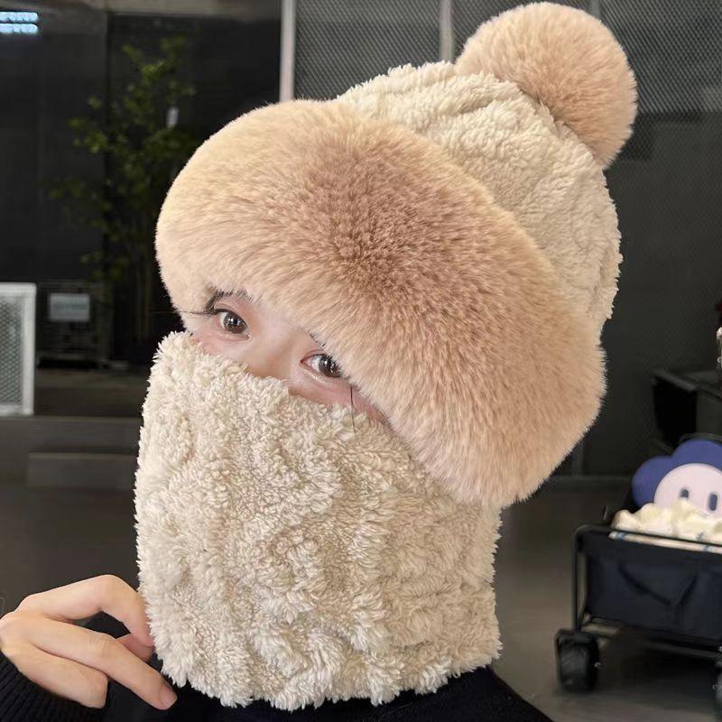 Hat Women's Winter Cycling Mask Full Face Pullover Hat Windproof Scarf Fleece Ear Protector Head Cover Warm Integrated Hat