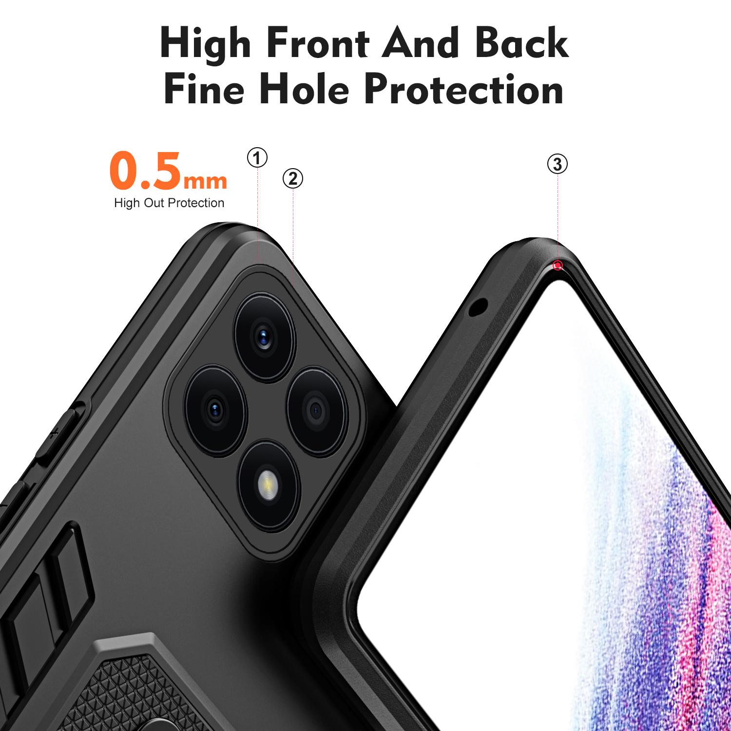 

For Honor X8a 4G Hidden Kickstand Phone Case TPU+PC Back Cover with Silicone Ring Strap Black