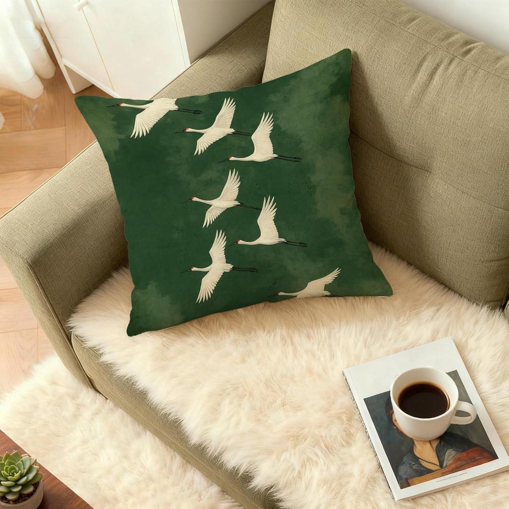 Japanese Emerald Green White Crane Bird Pillow Covers 18x18, Japandi Home Decor, Traditional Oriental Asian Minimalist Birds Pillow Cover Pillowcase