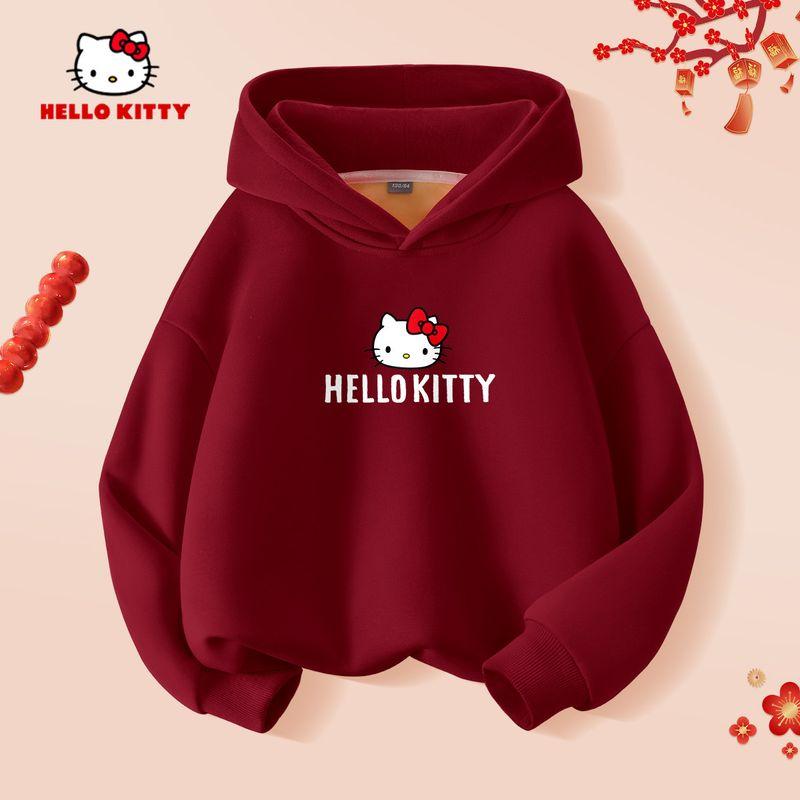 Hellokitty Kidsren s Velvet Sweatshirt Autumn and Winter Style Girls  Red Festive Hooded Top Girls  Winter Clothes Ti Tongxing_Medium Wine Red 140