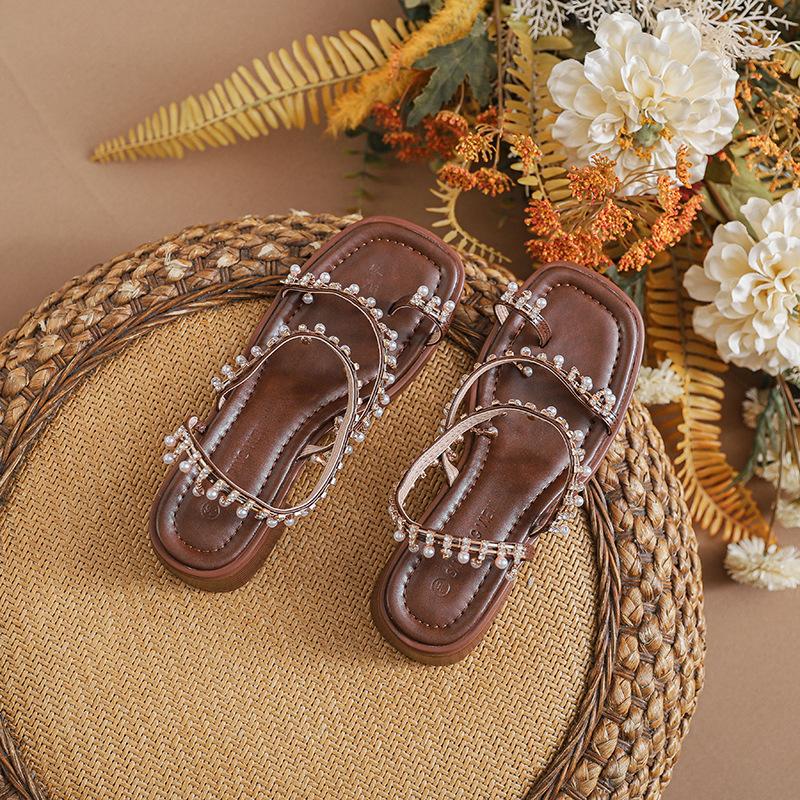 College Sandals Women's Summer Wide Fat Feet Skinny Square Head Roman Shoes Bohemian Beach Shoes Beautiful High Heels