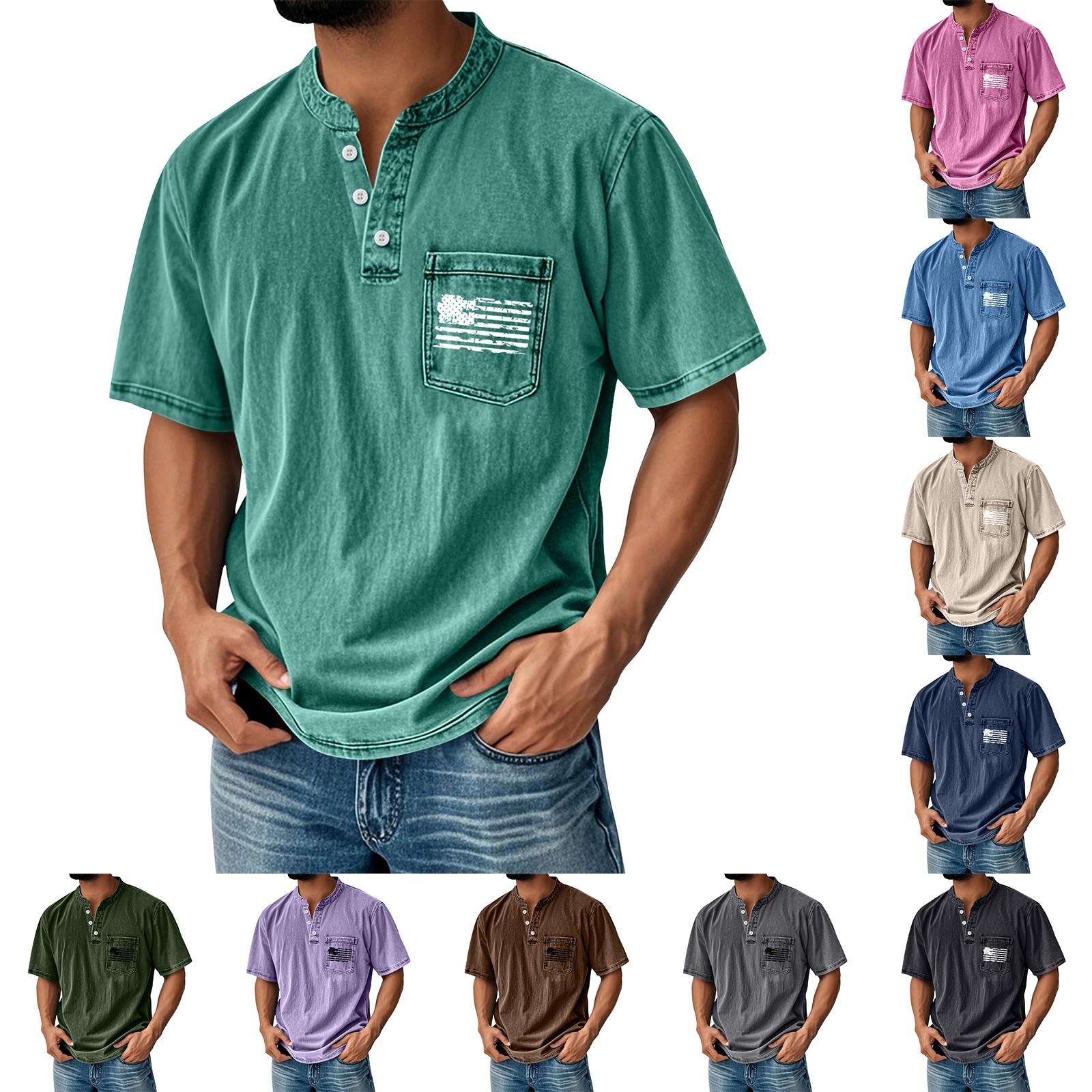 

Men s Summer Independence Day Pattern Round Neck Short Sleeve T-Shirt Neck Men s All-match Casual Button Shirt XXXL чёрный