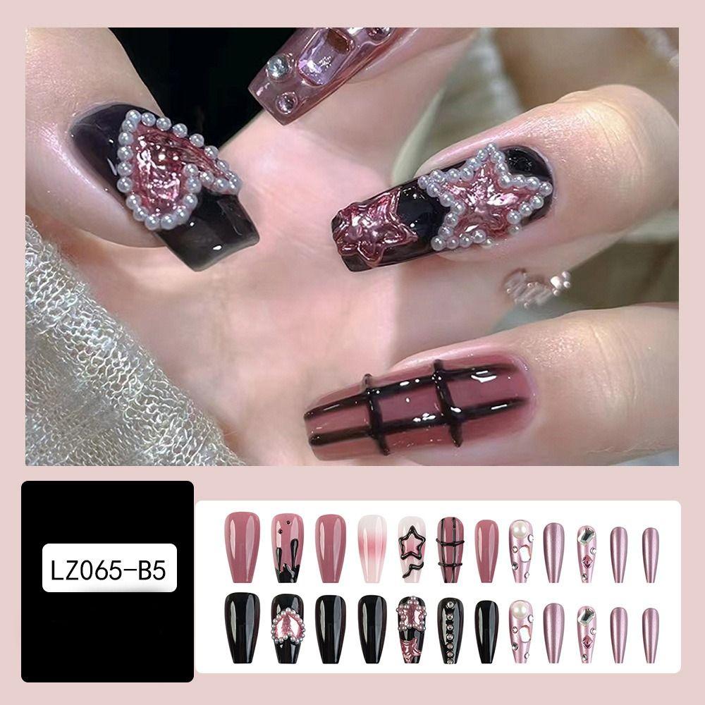 Long Ballerina and Square Fake Nails Black Love Heart Nail Tips New Press On Nails Women Girls