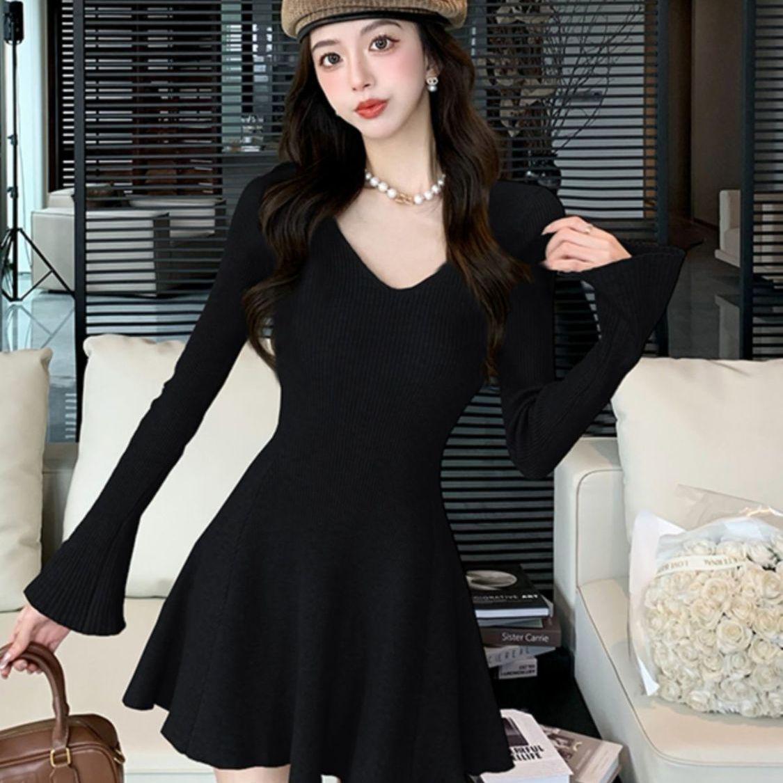 

Элегантное французское платье с V-образным вырезом и длинными рукавами с внутренней основой - Осенне-зимняя короткая юбка для женщин One Size