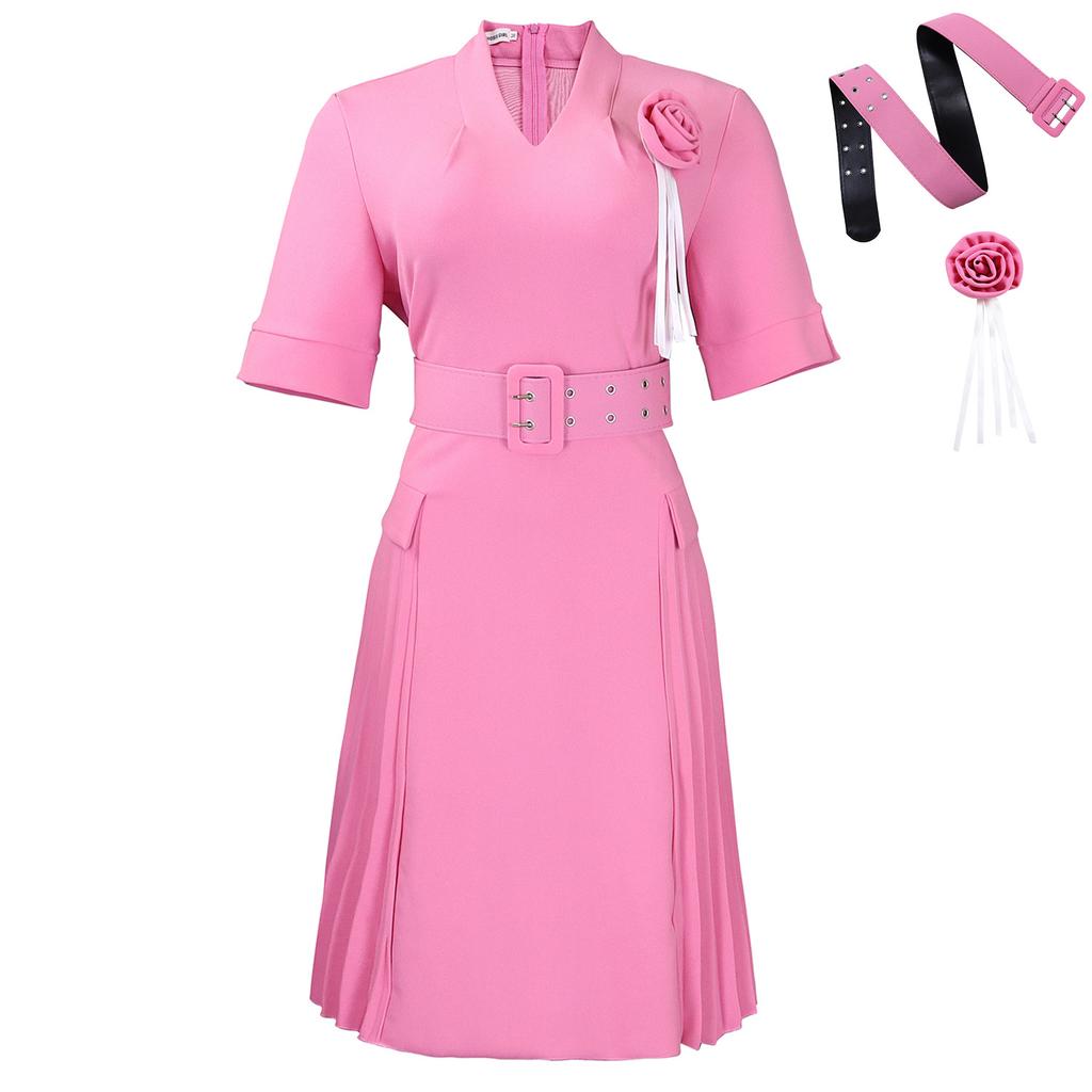 Women's new fashion temperament V-neck solid color large size pleated high waist dress