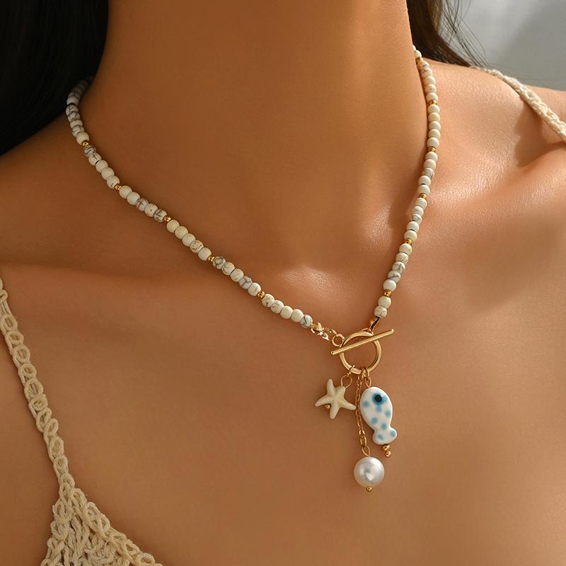 Bohemia Colorful Ceramic Fish Pendant Necklace for Women Handmade Beaded Pearl Starfish Necklace Summer Vacation Jewelry