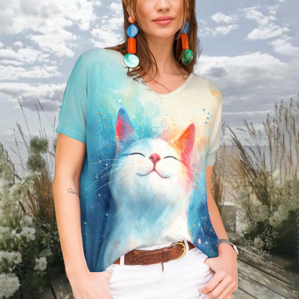 

Новые кавайные футболки с оригинальным дизайном с мультяшным животным принтом для женщин, топ размера плюс с v-образным вырезом, женская рубашка, летняя женская одежда 8XL