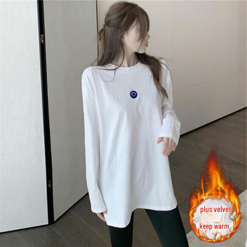 Women's Winter Velvet Layered Embroidered White Top - Korean Style Loose Fit