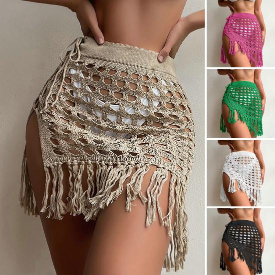 

Женская пляжная юбка с вырезом и высокой талией, однотонная, с кисточками, пляжная одежда XL розы красного