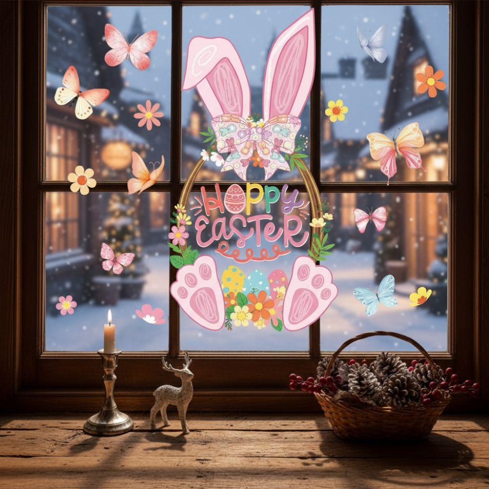 Pink Rabbit Basket Electrostatic Stickers Rabbit Bunny Wall Decal  Happy Easter Party