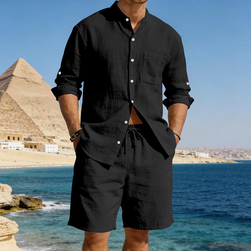 Mens American Style Casual Loose Long Sleeve Shirt And Shorts Set