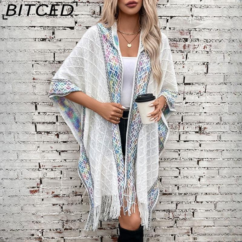 BITCED Fall/Winter Ethnic-Style Knit Hooded Fringe Cape Sweater Shawl Women's Outerwear