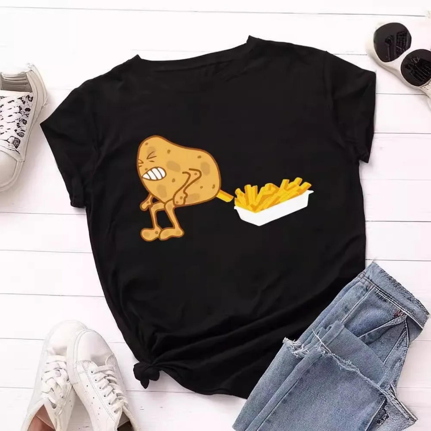 

Funny Potato Short Sleeved Prank Potato Fries s Loose and Comfortable Plus Size T-shirt Party Clothing s Clothing S чёрный
