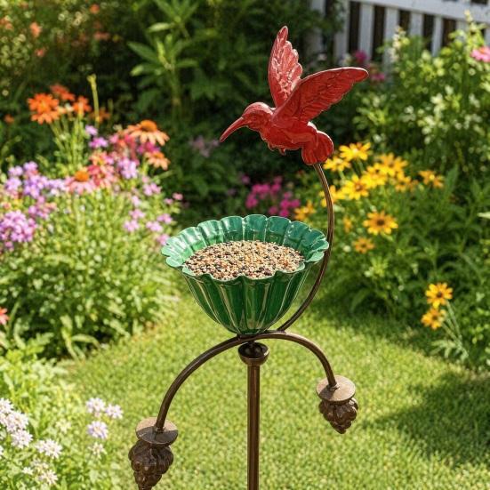 Outdoor Bird Feeder, Bird Baths for Outside, Metal Flower Garden Stakes Bird Bath, Hummingbird
