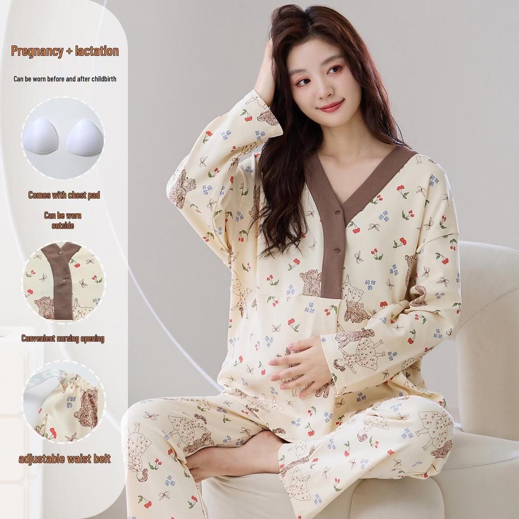 Plus Size Maternity Pajamas with Chest Pads for Autumn/Winter - Women's Postpartum Nursing & Home Wear Set