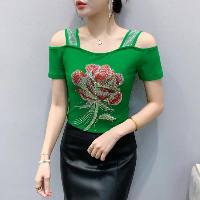 Streetwear Girl Summer Chic Clothes Mesh T-Shirts Shiny Flower Hot Diamonds Women's Tops New Sexy Off Shoulder Short Sleeve Tees