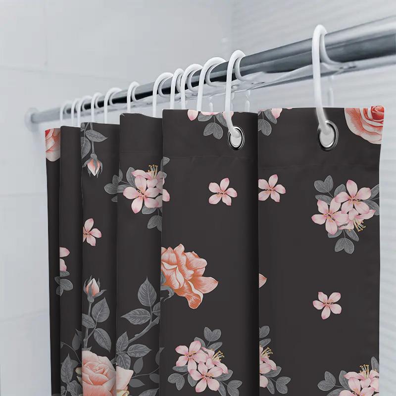 Delightful Floral Shower Curtain, Pink Roses Gray Blossoms Decor, Black Bath Fabric Curtain For Bathroom Decor, Waterproof Showe