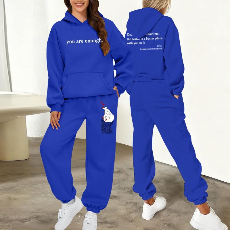 Womens Printed Letter Hooded Sweatshirt Jogger Pants Set Winter Casual Sportswear Outfit