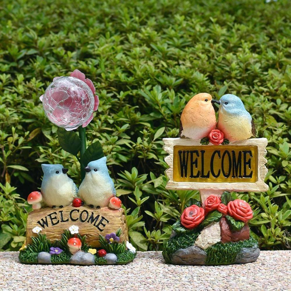 Solar Powered Garden Welcome Sign Durable Resin Warm Light Solar Resin Craft Creative Design No Wiring Needed Bird Figurine